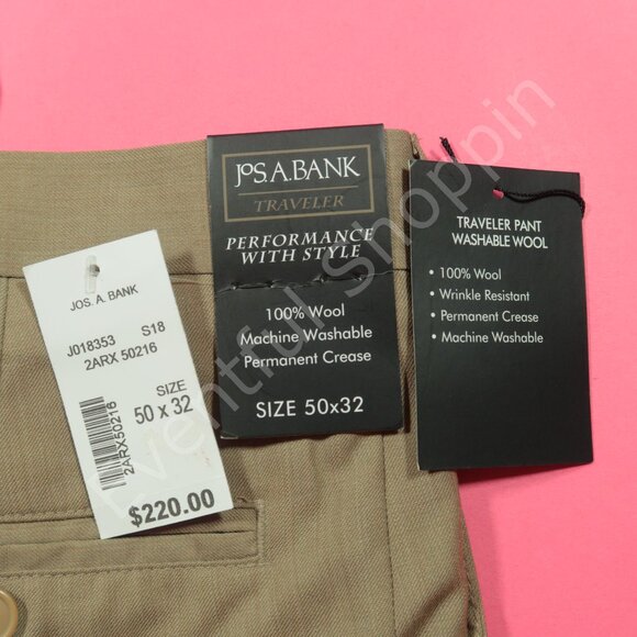Jos A Bank Dress Pants Mens 50 Tan Wasahable Wool Traveler Flat Front New - Picture 4 of 6